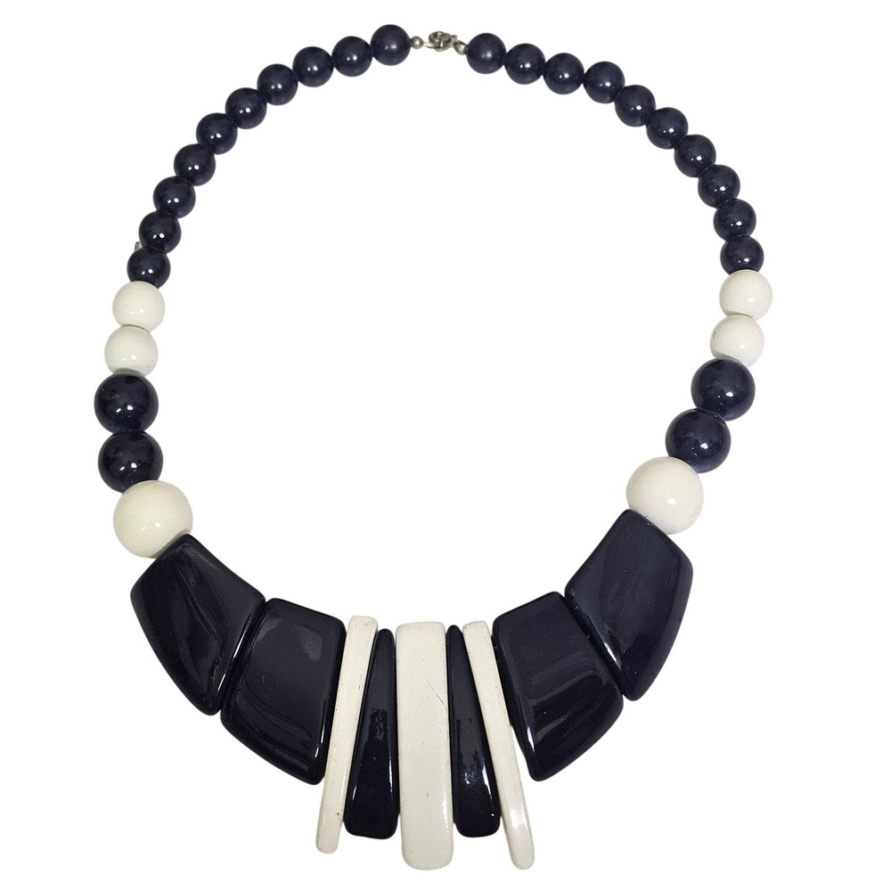 Vintage Mod Chunky Navy Blue White Geometric Bib Statement Necklace 16 Inch